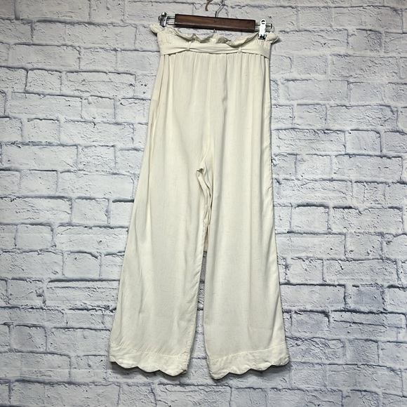 Monteau Ivory White Wide Leg Crop Pant Scalloped Hem, Pullon Rayon Linen M Cute! - Picture 4 of 6
